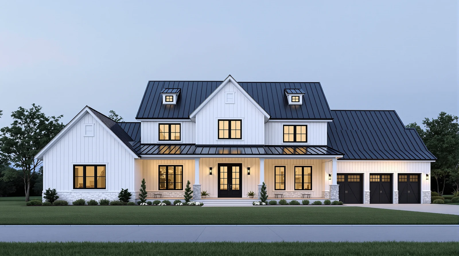 A modern farmhouse at blue hour, white lap siding and black gables