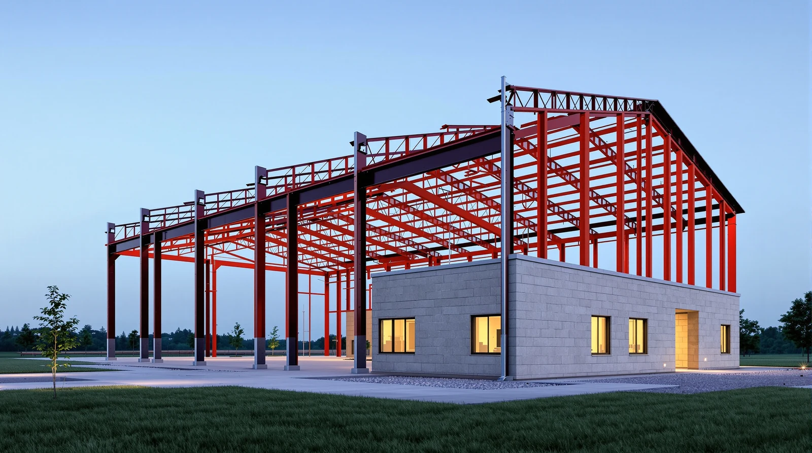 A red iron steel frame going up on a fresh slab